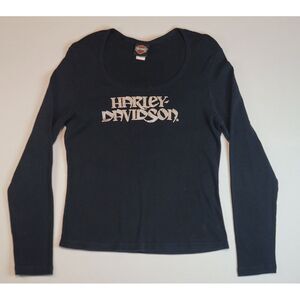 Harley Davidson Motorcycle Shirt Womens XL.‎  Riveted Logo Black Longsleeve.